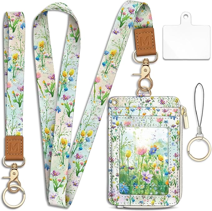 Piefly Flower Lanyard Wallet with ID Badge Holder, Small RFID Wallet Women Keychain Wristlet, Slim Credit Card Holder Case with Zipper Pocket Phone Lanyard Wrist Strap for Name Tag Office Teacher Gift