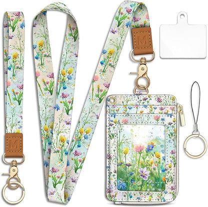 Piefly Flower Lanyard Wallet with ID Badge Holder, Small RFID Wallet Women Keychain Wristlet, Slim Credit Card Holder Case with Zipper Pocket Phone Lanyard Wrist Strap for Name Tag Office Teacher Gift