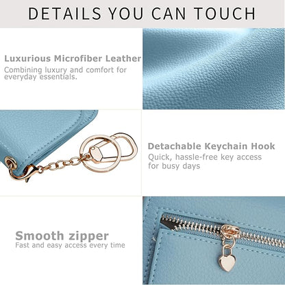 Women Small Wallet RFID Blocking Slim Wallet with Coin Pocket Tri-Fold Credit Card Holder with ID Window and Keychain (Blue)
