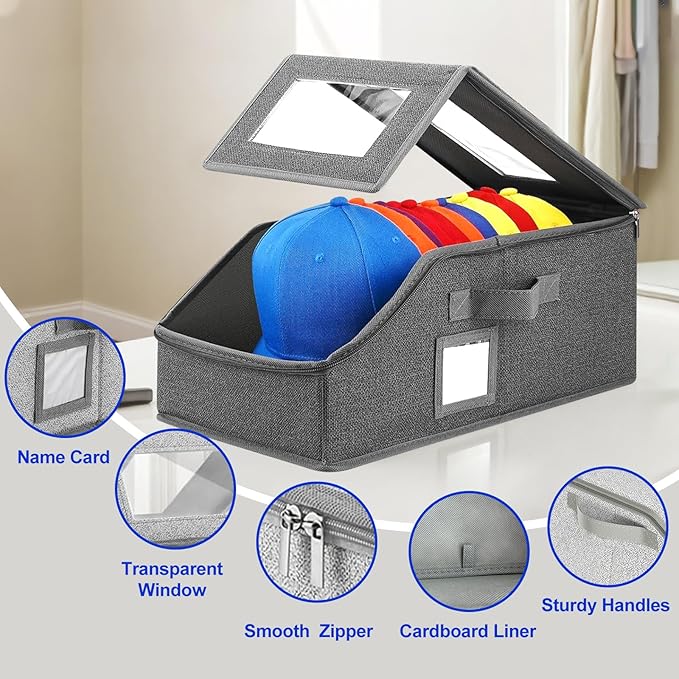 Hat Organizer for Baseball Caps,2PCS Stackable Hat Storage Box with Clear Window Lid, Space-Saving Box for Closet