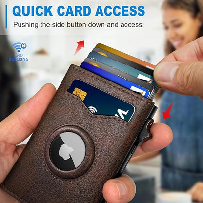 miyozi Airtag Wallet for Men,with Cash Pocket 2 ID Window 9-12 Cards,Metal Case Smart Slim Pop Up Credit Card Holder Flip with Magnetic Closure RFID Blocking Trifold wallet with Gift Box
