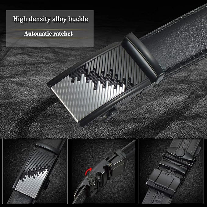 JINIU Men's Ratchet Belt Buckle, Black Genuine Leather Slide Belt for Men Dress Suit, Micro Adjustable Trim to Fit Boxed