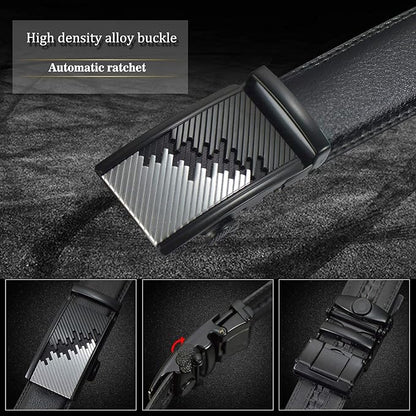 JINIU Men's Ratchet Belt Buckle, Black Genuine Leather Slide Belt for Men Dress Suit, Micro Adjustable Trim to Fit Boxed
