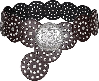WERFORU Women Vintage Leather Belt Western Disc Waist Belts Ladies Western Belt Boho Belt for Dress Jean-