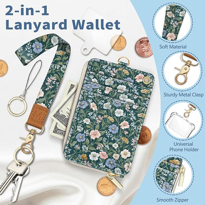 Lanyard Wallet with Id Badge Holder, Floral RFID Small Keychain Wallet Women Wristlet, Cute Zipper Credit Card Holder Phone Wrist Neck Strap for Key Name Tag, Teacher Student Office Gifts