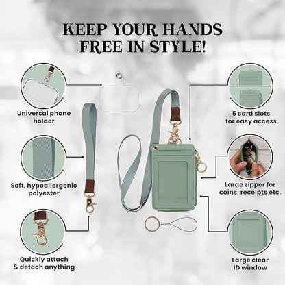 MONDO DESIGNS 2-in-1 ID Badge Holder with Lanyard - Multi-Use Lanyard Keychain Wallet for Women, Small Keychain Wristlet Wallet with Strap & Lanyards for ID Badges, Phone & Card Holder - Sage Green