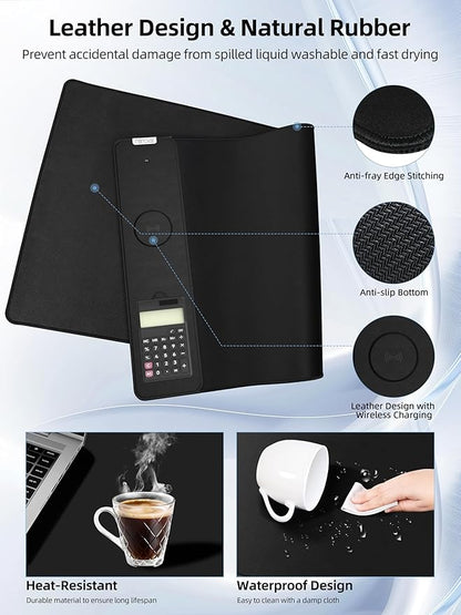 Mouse Pad 31.5x15.75 Inch with Calculator, 15W Magnetic Wireless Charging Desk Mat, XXL Desk Pad, Home Office Large Keyboard Pad with Ultra-Smooth Surface, Non-Slip Base (Black with 20W PD Charger)
