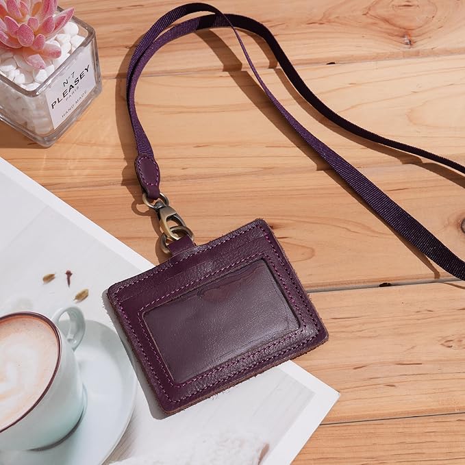 Wonderpool Leather Horizontal Badge Holder with Detachable Neck Lanyard and Retractable Badge Reel Clip, Card Slots Case ID Card Holder for ID Badges Card and Driver Licence (Purple)
