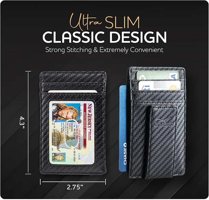 Claasico Men’s Leather Money Clip Wallet – Slim Front Pocket Wallet w/Super Strong Magnetic Clip, RFID Blocking, 5 Card Slots & Center Pocket + ID Window