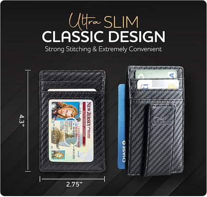 Claasico Men’s Leather Money Clip Wallet – Slim Front Pocket Wallet w/Super Strong Magnetic Clip, RFID Blocking, 5 Card Slots & Center Pocket + ID Window