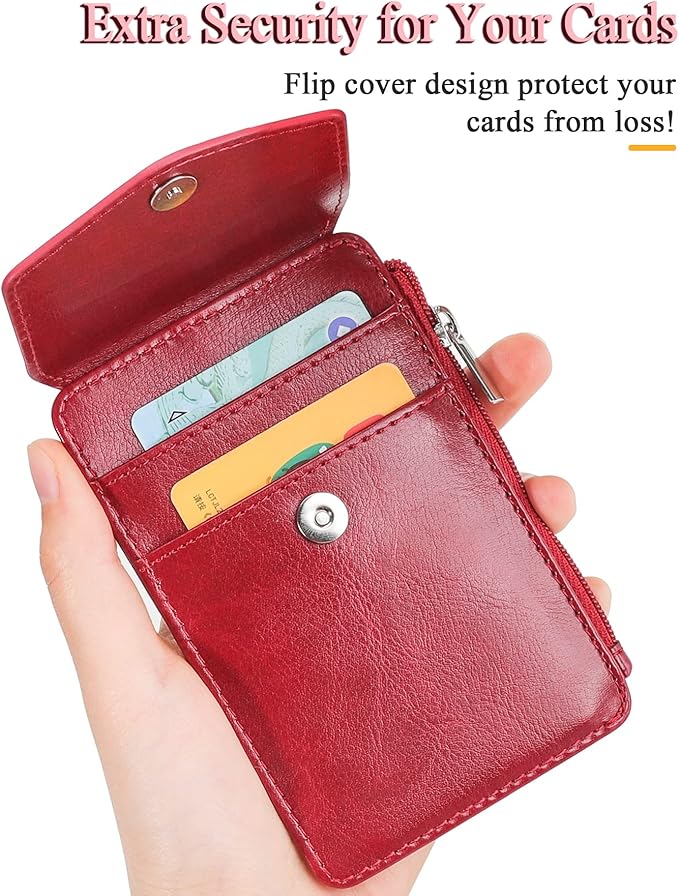 Teskyer Badge Holder with Side Zip Pocket, Multiple Card Slots Leather ID Holder Wallet with Neck Lanyard for Office Staffs, Teachers/Students, Couriers, Workers, Red