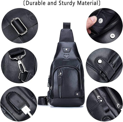 BULLCAPTAIN Leather Sling Bag Mens Chest Bag Casual Shoulder Crossbody Bags Travel Hiking Backpacks Daypack with USB Charging Port (Black)