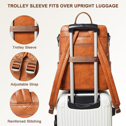 Shrrie Laptop Backpack for Women 15.6 inch,Travel Leather Backpack Purse Nurse Teacher Carry on Backpack Computer Bag,Professional Water-Resistant College Business Work Casual Daypack,Brown