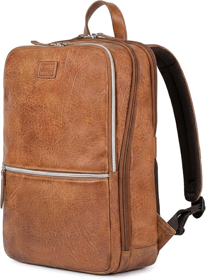 LEATHER VILLAGE Leather Laptop Backpack for Men | Camel Brown | Slim Professional Business Bag Fits 15.6”-Laptop | Water-Repellent Work & Travel Daypack with Trolley Strap