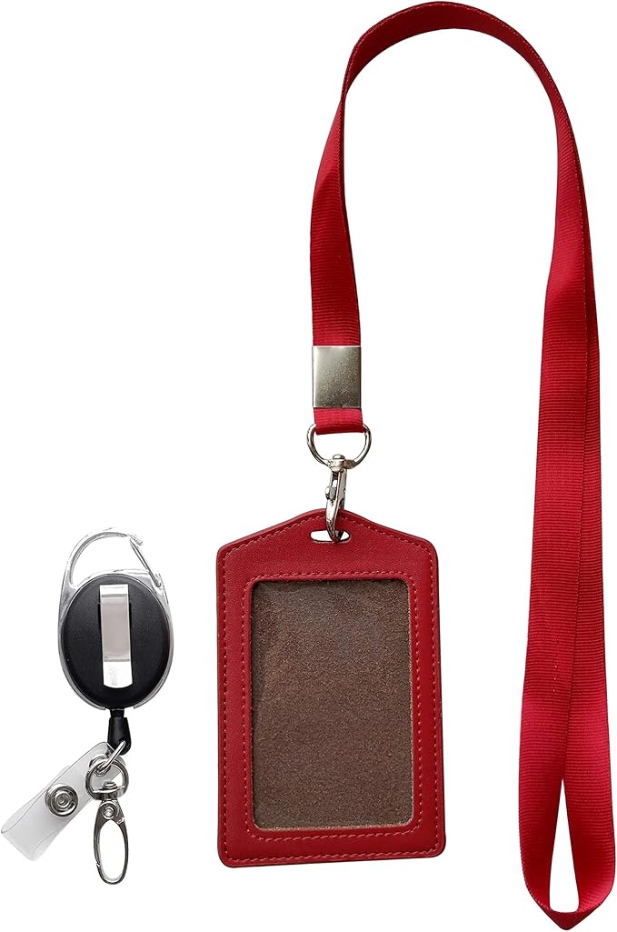 ID Card Case + Heavy Duty Lanyard (Red)+ Badge Holder Retractable Reel Carabiner and Plastic Clip (Soft Genuine Leather Case)