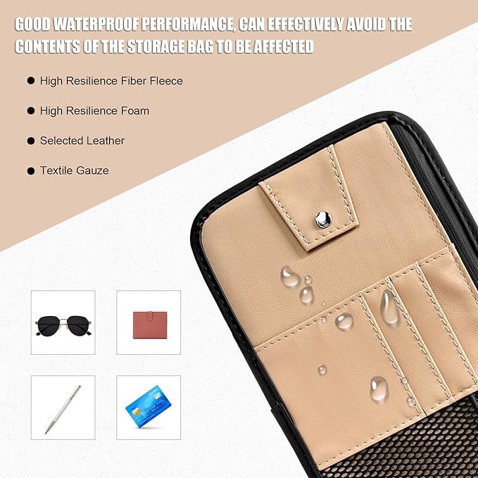 Car Sun Visor Organizer, PU Leather Multi-Pocket Visor Storage Pouch with Zipper, Auto Interior Document Holder Sunvisor Card Sleeve Pocket Organizer for Driving License Pen Key (Beige)