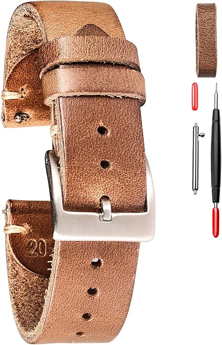hemsut h Leather Watch Bands for Men, Horween Quick Release Leather Watch Strap Vintage Watch Replacement Wrap of 18mm, 20mm, 22mm