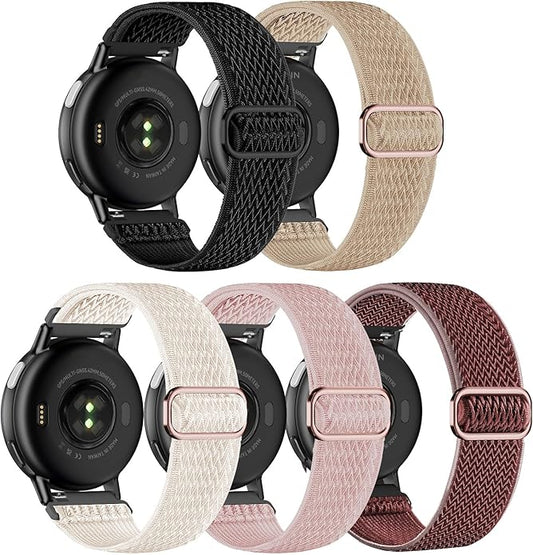 5 Pack Stretchy Nylon Watch Bands Compatible with Garmin Vivoactive 5/6/Forerunner 55/165,20mm Soft Elastic Fabric Adjustable Replacement Sport Straps for Garmin Venu Sq 2 Women Men