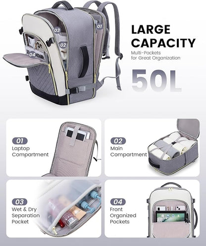 LOVEVOOK Large Travel Backpack for Women, 50L Carry on Backpack Airplane Approved, TSA Personal Item Travel Bag for Women fits 18" Laptop, Waterproof Carry on Bags for airplanes with 3 Packing Cubes