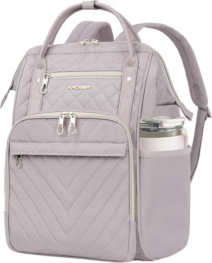 KROSER Laptop Backpack 17" Stylish Backpack Water Repellent College Casual Daypack Travel Business Work Bag for Men/Women-Quilted Dusty Pink