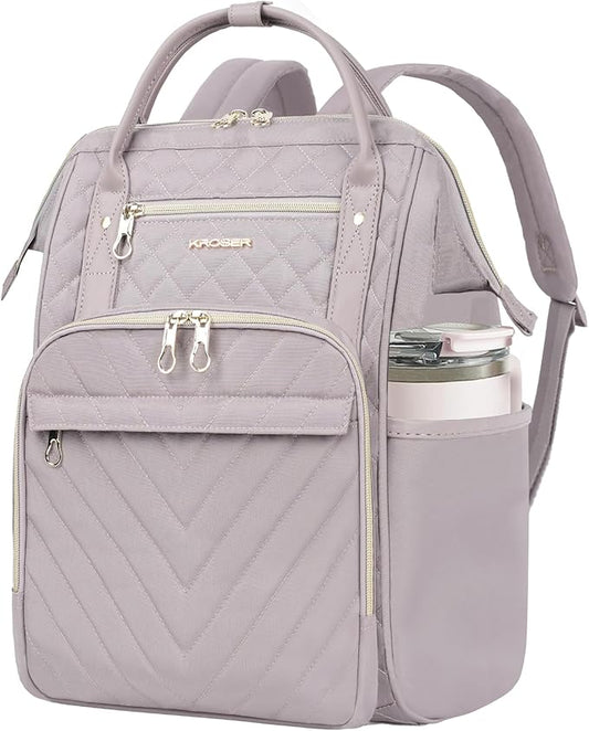 KROSER Laptop Backpack 17" Stylish Backpack Water Repellent College Casual Daypack Travel Business Work Bag for Men/Women-Quilted Dusty Pink