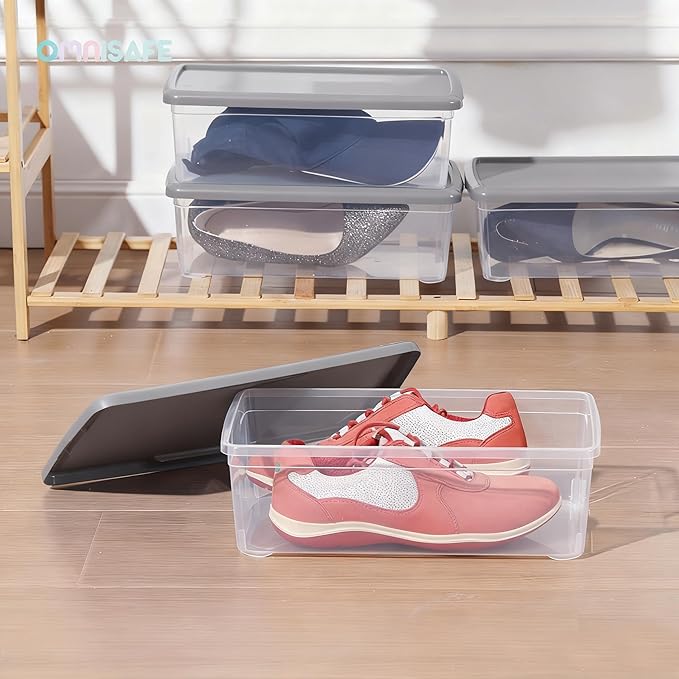 Stackable Plastic Storage Shoebox, BPA-Free Nestable Container with Latching Lid to Organize Shoes, See-Through Box for Home and Office, Multi-Purpose Storage Case, Clear Bins (12 Pack 6 Quart Gray)