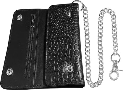 IBRO VINTAGE Motorcycle Chain Wallet for Men – Premium Cowhide Leather, RFID Tri-Fold Biker Wallet with Heavy Duty Chain for Bikers Truckers & Hunters, Credit Card Money Organizer Long Wallet | Long Trifold, RFID Blocking, Men's, Trucker Biker