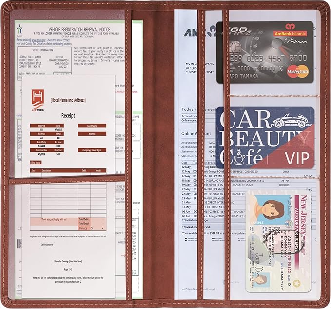 Car Accessories Registration and Insurance Holder,Leather Essential Card Magnetic Shut Vehicle Glove Box Organizer Case for Auto Driver License Document Truck Motorcycle Boat Men Women-Brown