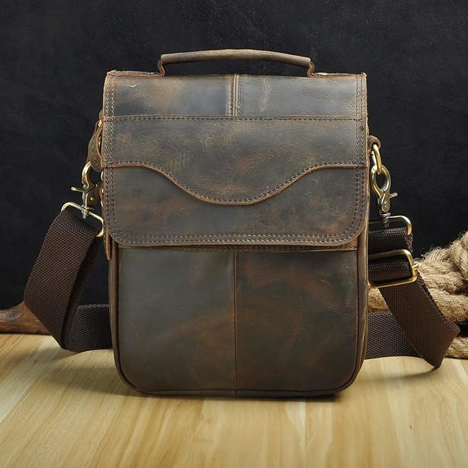Le'aokuu Mens Genuine Leather Small Messenger Shoulder Satchel Phone Pouch Belt Waist Bag Pack