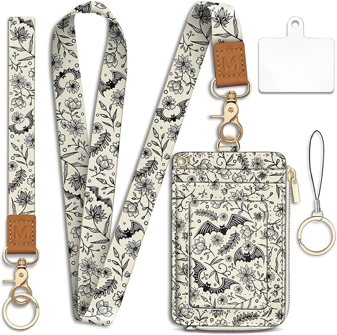 Lanyard Wallet with Id Badge Holder, Gothic Bat RFID Small Keychain Wallet Women Wristlet, Cute Zipper Credit Card Holder Phone Wrist Neck Strap for Key Name Tag, Teacher Student Office Gifts