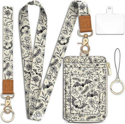 Lanyard Wallet with Id Badge Holder, Gothic Bat RFID Small Keychain Wallet Women Wristlet, Cute Zipper Credit Card Holder Phone Wrist Neck Strap for Key Name Tag, Teacher Student Office Gifts