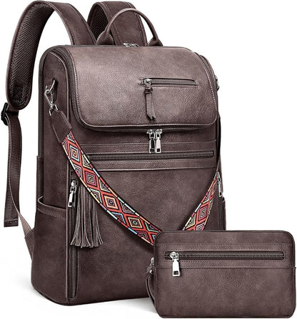 SYTRAH Leather Laptop Backpack for Women Designer Laptop Bag, 16.5 inch Travel Computer Backpacks Purse with Tassel for Work Business with Satchel Purse Dark Coffee