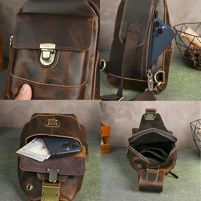Thick Crazy horse Leather Triangle Crossbody Sling Chest Bag Travel One Shoulder Bag Daypack For Men Male 3028