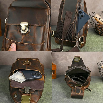 Thick Crazy horse Leather Triangle Crossbody Sling Chest Bag Travel One Shoulder Bag Daypack For Men Male 3028