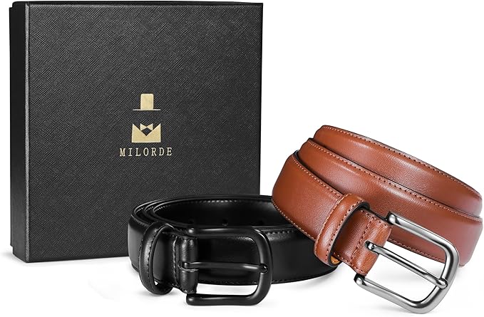 MILORDE Men's Leather Dress Belt 2Pack, Handmade, Genuine Leather, Fashion & Classic Designs for Work Business and Casual