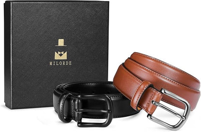 MILORDE Men's Leather Dress Belt 2Pack, Handmade, Genuine Leather, Fashion & Classic Designs for Work Business and Casual