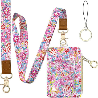Flower Leather Badge Holder with Zipper Pocket, Beautiful Work Lanyards and 1 Zip Pocket and 4 Card Slots, Breakaway Lanyards with Metal Clasp for Offices, Staff, Adult, Employees