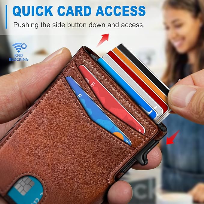 miyozi Wallet for Men, Magnetic Minimalist Slim Wallet with Pop Up Card Holder, 9 Cards RFID Blocking Metal Credit Card Case, Leather Wrapped Money Clip, ID Window & Small Item Slot, Gift Boxed