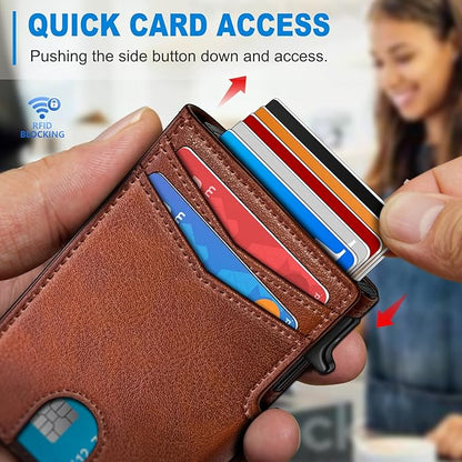 miyozi Wallet for Men, Magnetic Minimalist Slim Wallet with Pop Up Card Holder, 9 Cards RFID Blocking Metal Credit Card Case, Leather Wrapped Money Clip, ID Window & Small Item Slot, Gift Boxed