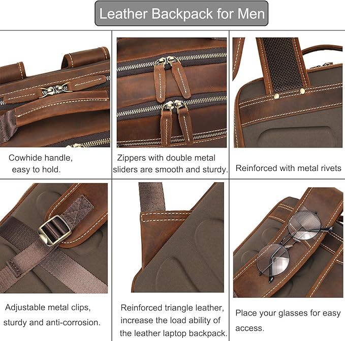 LUUFAN Full-grain Leather Brown Backpack for Men, 15.6 Inch Laptop Shoulder Bag Large Capacity Rucksack Business Daypack Travel Outdoor Bag with Trolley Sleeve