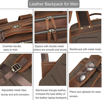LUUFAN Full-grain Leather Brown Backpack for Men, 15.6 Inch Laptop Shoulder Bag Large Capacity Rucksack Business Daypack Travel Outdoor Bag with Trolley Sleeve