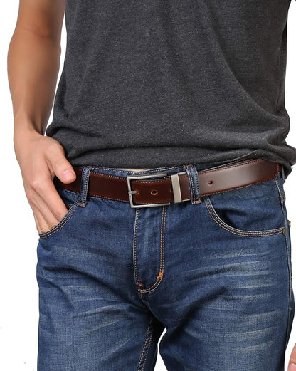 beltox fine Men's Dress Belt Leather Reversible 1.25" Wide Rotated Buckle Gift Box