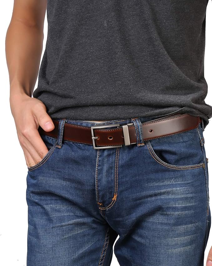beltox fine Men's Dress Belt Leather Reversible 1.25" Wide Rotated Buckle Gift Box