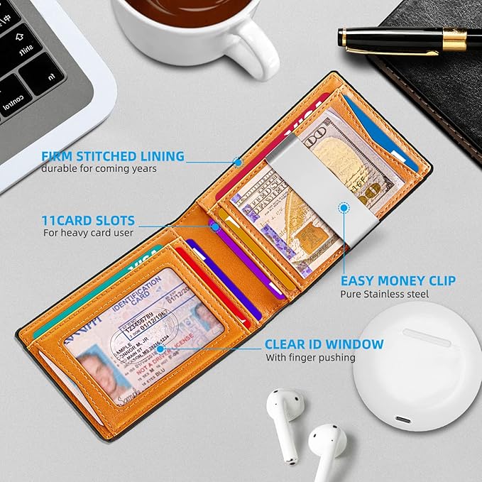 BULLIANT Men Wallet Airtag&Standard Use,Slim Front Pocket Wallet Money Clip for Gifg Men RFID Blocking 11Cards