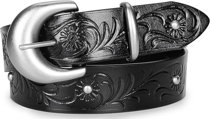 Mealah Vintage Western-Cowboy-Belt for Women Men - Carved Buckle PU Leather Waist Belts (for Waist 28"-38")