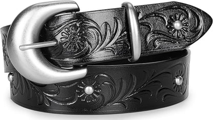Mealah Vintage Western-Cowboy-Belt for Women Men - Carved Buckle PU Leather Waist Belts (for Waist 28"-38")