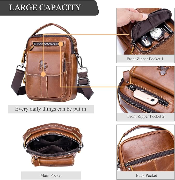 BAIGIO Genuine Leather Small Messenger Bag for Men Crossbody Shoulder Bag for Ipad MIni Handbag Man Purse for Daily Business | Genuine Leather, Small, for Ipad Mini, Man Purse, for Daily Business