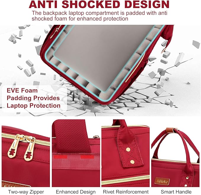 Lunch Backpack, 15.6 inch Laptop Backpack with Insulated Lunch Bag, Backpack Cooler for Women, Large Travel Backpack Lunch Box Compartment, Work Computer Backpack, Teacher College Book Bag, Red