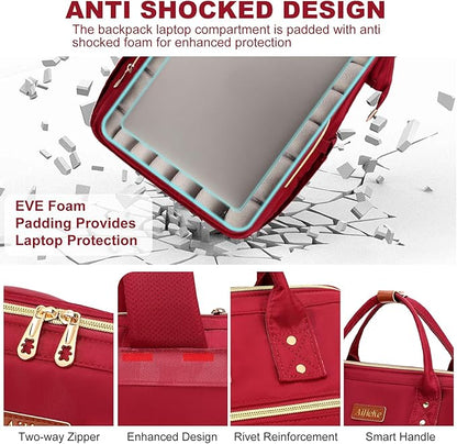 Lunch Backpack, 15.6 inch Laptop Backpack with Insulated Lunch Bag, Backpack Cooler for Women, Large Travel Backpack Lunch Box Compartment, Work Computer Backpack, Teacher College Book Bag, Red
