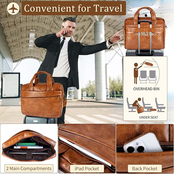 Faux Leather Messenger Bag for Men 17.3 Inch: Laptop Bag Briefcase Computer Handbags Shoulder Crossbody Bag with Padded Laptop Sleeve for Work College Travel, PU Brown